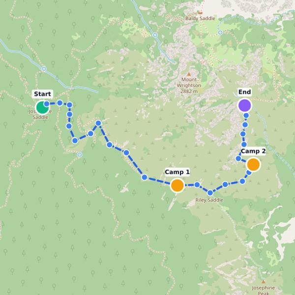 Interactive route planner with waypoints, camps and distance calculation